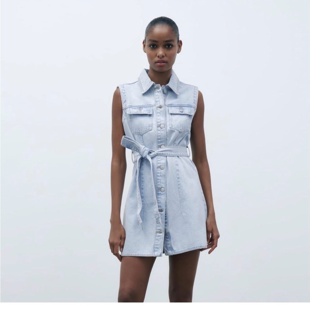 Zara Light Blue Sleeveless Denim Mini Dress with Waist Tie